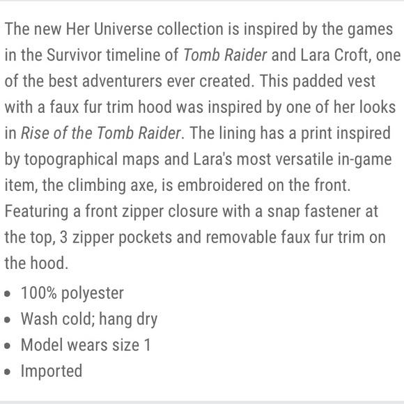 TOMB RAIDER Her Universe PLUS SIZE Puffer Vest! - Picture 6 of 9